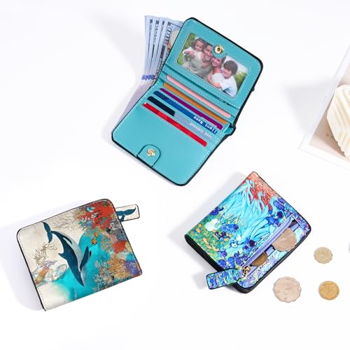 Image of Toughergun Bule Whale RFID Small Wallet Women, Slim Thin Vegan Leather Bifold Wallet with Zipper Coin Pocket & ID Window, Cute Mini Travel Credit Card Holder Gift for Women Ladies Teen Girls