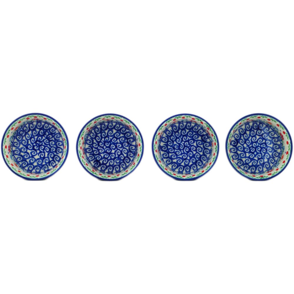 Authentic Polish Pottery Set of 4 ramekin bowls 4-inch in Babcia's Garden Design Handmade in Boles?awiec Poland by Ceramika Artystyczna + Certificate of Authenticity