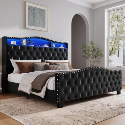 Uteeran Upholstered King Size Bed Frame with LED Lights & Charger, Black - image 1