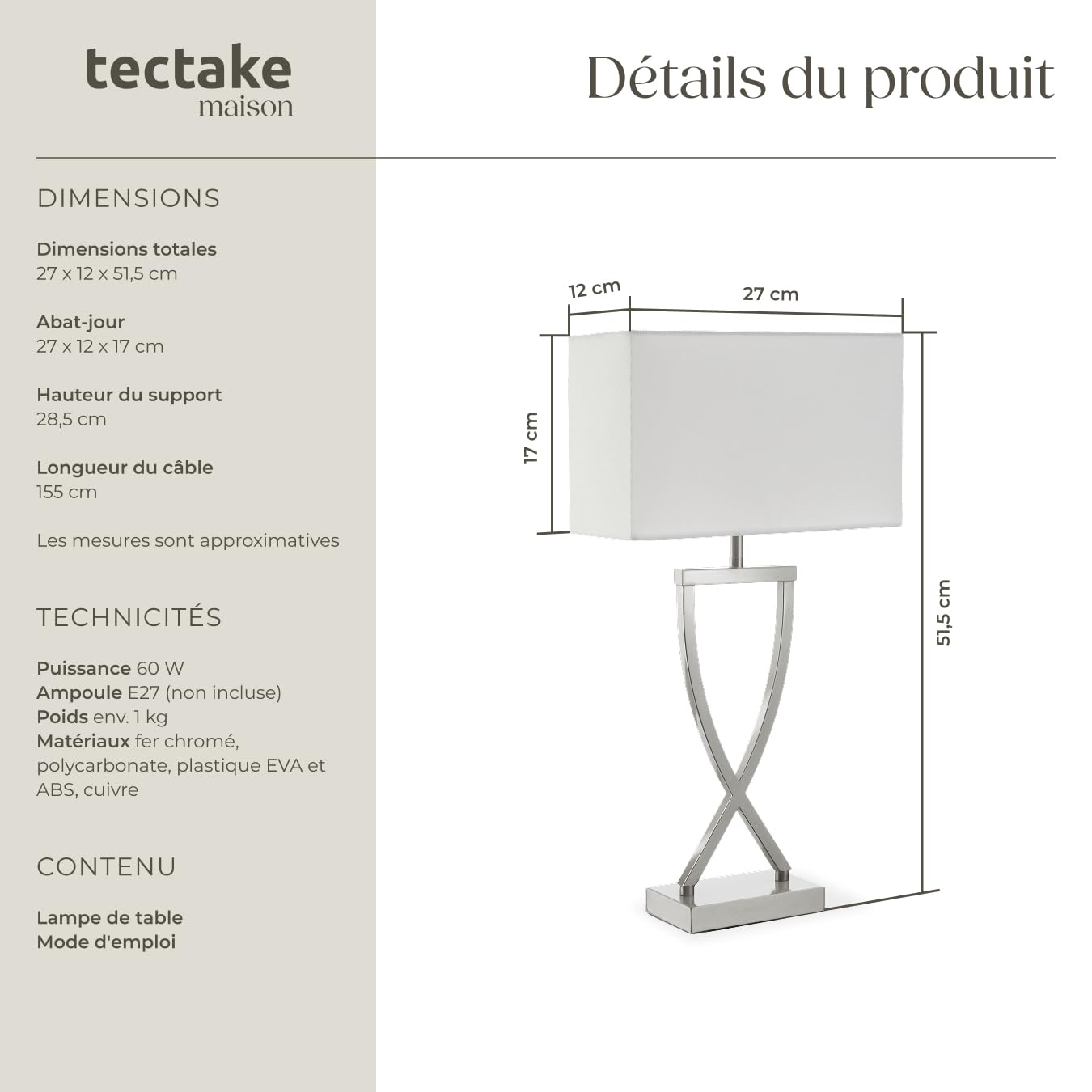 tectake® Lampe de table Moderne Lampe à poser salon Design avec abat jour pour table de chevet, salon, chambre, bureau, dressing, entrée, table d appoint, Decoration maison