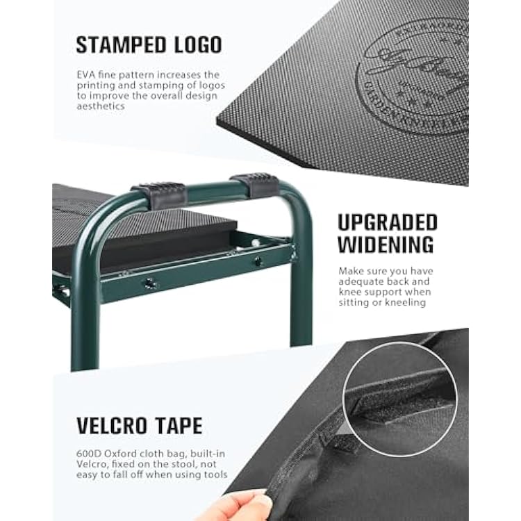 Garden Kneeler and Seat Heavy Duty, Upgraded Foldable Gardening Stool - Widened to 10 Stable Wear-resistant Prevent Knee and Back Pain, Beautiful Logo high-end 2 Large Tool Bags Gift for Women