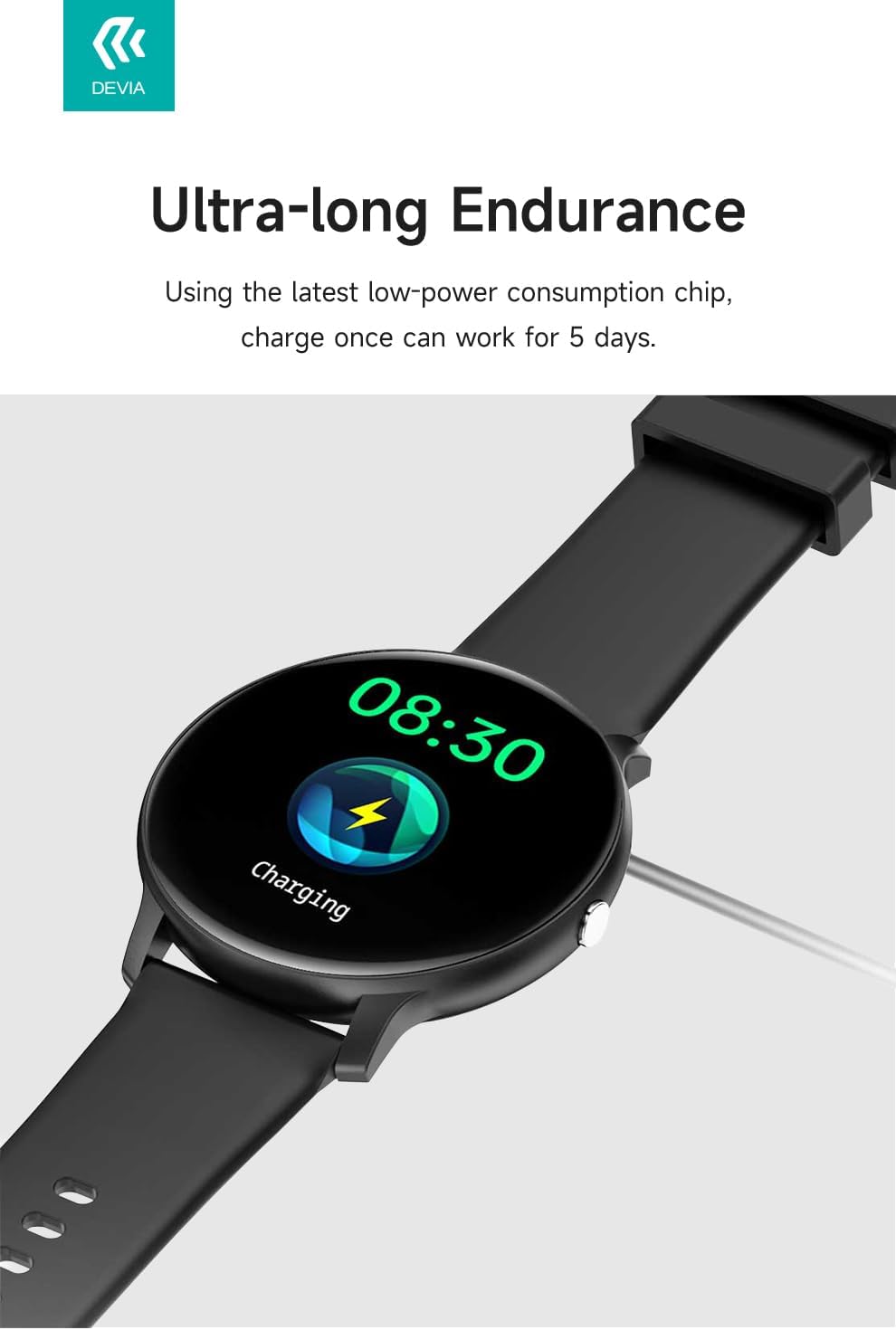 DEVIA Smart Watch WT1 displaying health metrics like heart rate and steps, with water droplets on the screen to illustrate water resistance.