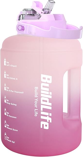 BuildLife Water Bottles with Straw & Flip Cap 2 in 1 Lid - Large Water Bottle with Time Markings BPA Free Leak Proof Wide Mouth Drinks Bottle,2.5 Litre Durable Sports Water Bottle (Pink Gradient)