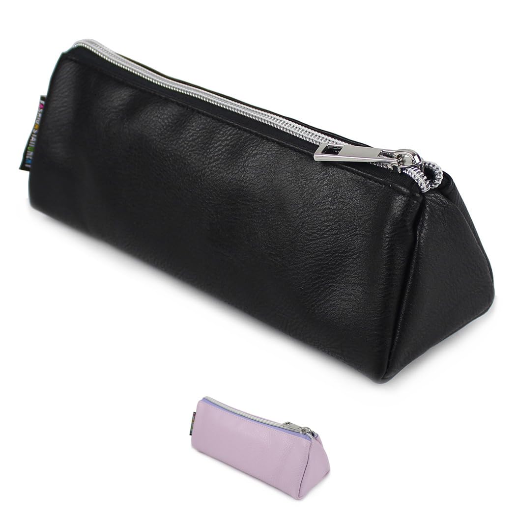 Fashion Stationery Pencil Case for Girls Women Thin Mini Slim Aesthetic Black Lilac Plain Pencil Cases for Teenagers Girl at Secondary High School or a Small Cosmetic Make Up Case (Black)