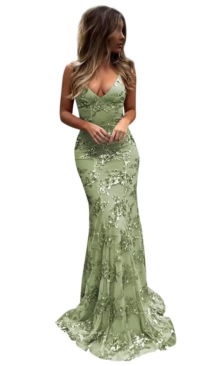 PARPIS Spaghetti Straps V-Neck Evening Formal Sequin Dress Bodycon Mermaid Prom Dresses Long Sweet Tulle Sleeveless Party Gown Sage Green