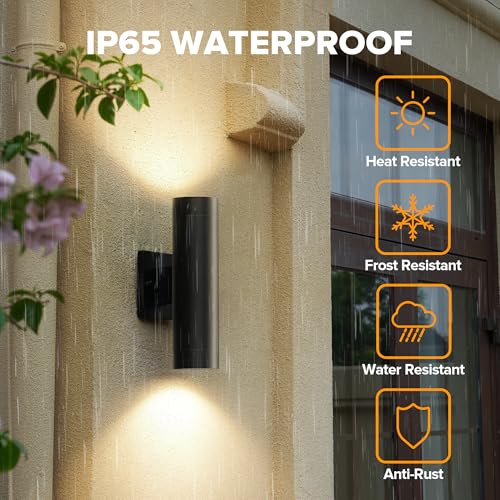 Image of LUTEC Outdoor Wall Light Fixtures, Integrated LED Cylinder Up-Down Sconce, 16W 3000K Waterproof Aluminum Exterior Lighting, Modern Matte Black Wall Sconce Outdoor Lighting for Porch, Entryway, 2 Pack