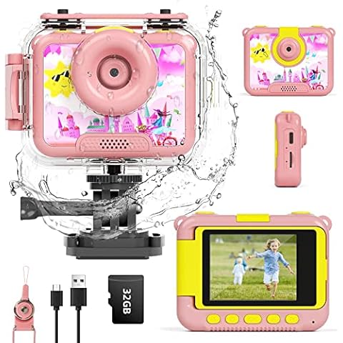 XJD Kids Waterproof Camera Selfie Video Camera for Boys ans Girls Age 3 4 5 6 7 8 9, Children Digital Camera 2 Inch 1080P HD Toy Camera 32GB SD Card Birthday Gifts for Kids(Pink) Cover