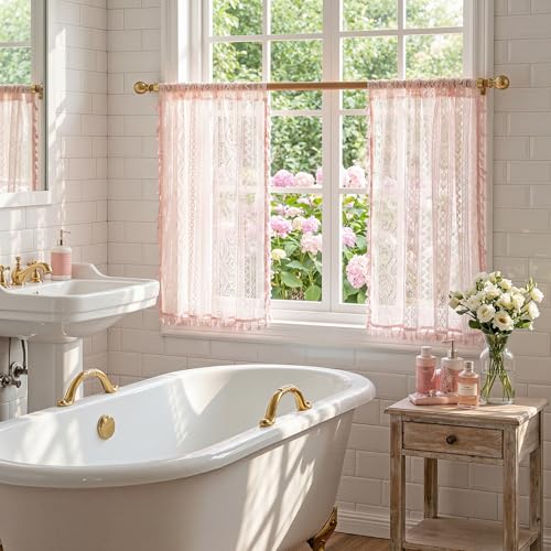 Image of MYSKY HOME Pink Lace Tier Curtains 36 Inch Length 2 Panels Kitchen Cafe Sheer Short Boho Half Country Rod Pocket Curtains for Small Windows Basement Bathroom, 34 inch Wide Each Panel, Light Pink