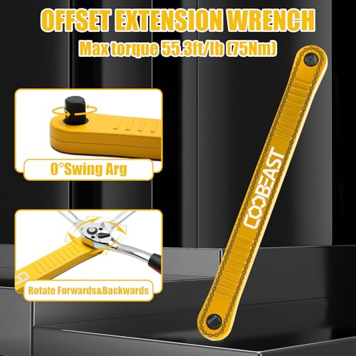 Image of coobeast Offset Extension Wrench Impact Ready Socket Wrench Extender Tool with Versatile 1 /4 inch, 3 /8 inch, and 1 /2 inch Square Drive Adapters, Universal Extensions Wrench for Small Place, Yellow