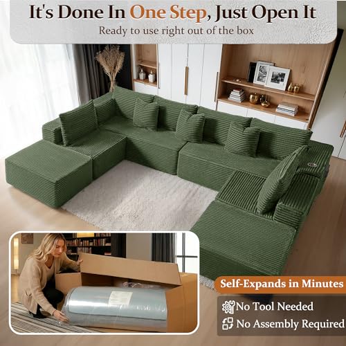 Image of 138 inch Cloud Sectional Couch, Comfort U Shaped Sofa for Living Room, Extra Deep Seats No Assembly, Minimalist Modular Couch, Corduroy (Olive Green, 8 Seats,U-Shape A)