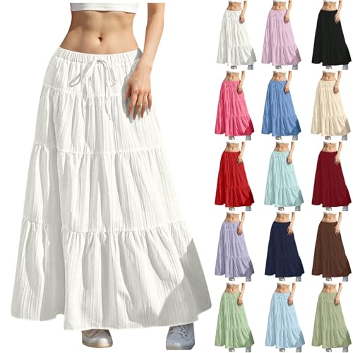 Summer Boho Long Skirts for Women Lightweight Elastic Waist Drawstring Flared Ruffle Pleated Flowy A Line Maxi Skirt