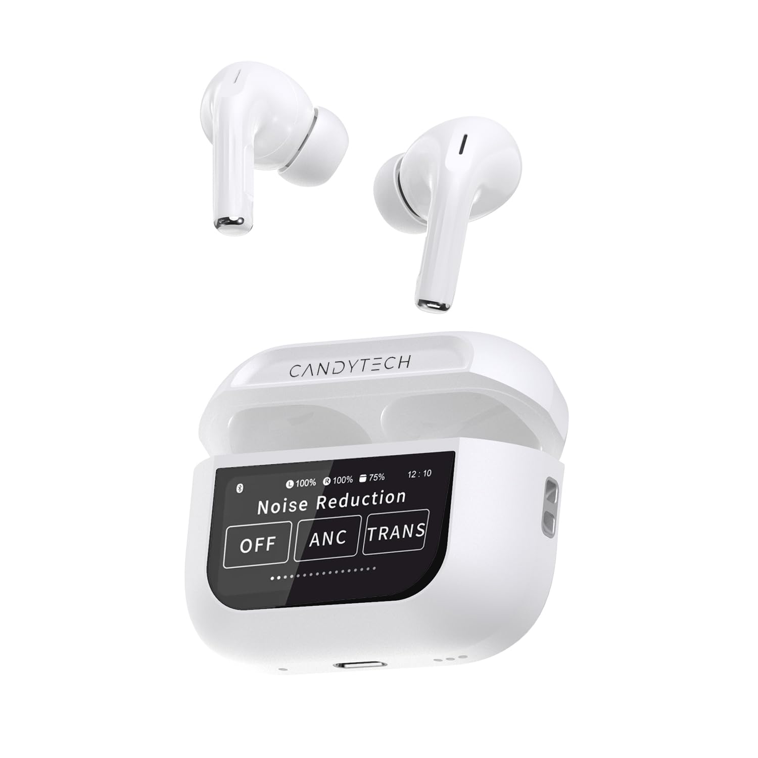 candytech airspace screen tws, anc (32db), smart touch display true wireless buds, type-c fast charging, bv5.4, find my earbuds, 4 mics enc for clear calling, transparency mode, eq mode (white)