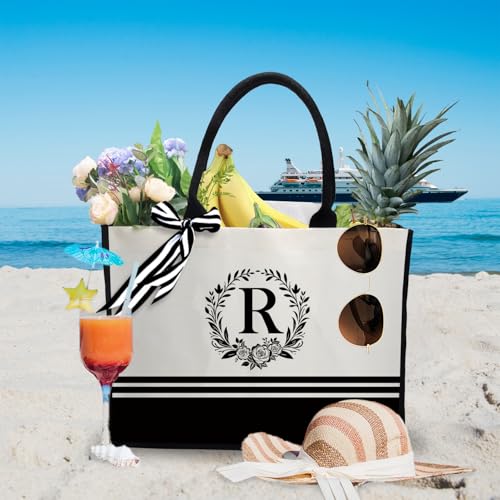 Image of Personalized Initial Canvas Tote Bags, Monogrammed Tote Bag Gifts for Women Teacher Friend for Birthday Wedding