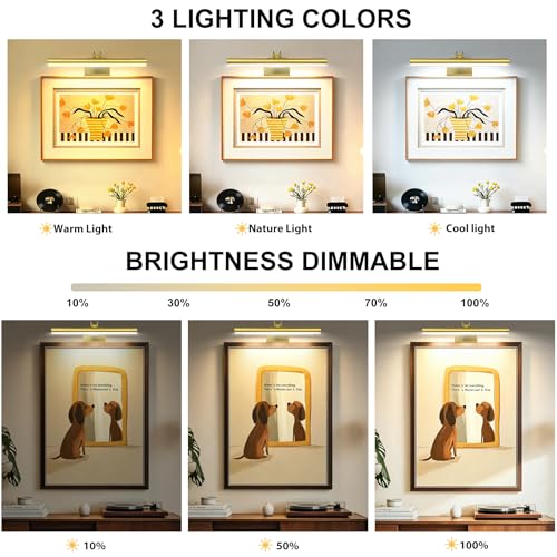 Image of Picture Light,Magnetic Wall Lights 5000mAh,16 inch Art Light for Painting,Brass | Picture Lights for Wall Rechargeable,Remote Timer and Dimmer Gallery Light,Metal Gallery Light for Portrait Display Frame