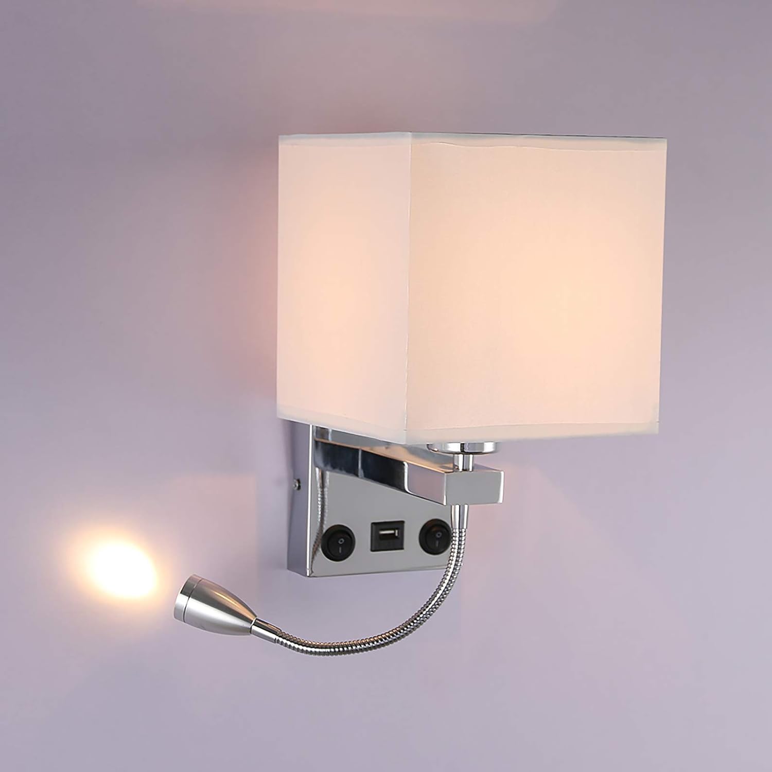 ALLOMN Applique da Comodino, Applique da Lettura a LED Applique Moderna Cromata Lucida con Faretto Orientabile a Collo di Cigno, Doppi Interruttori, Con porta USB da Caricare E27 (Con USB, 1 PCS)