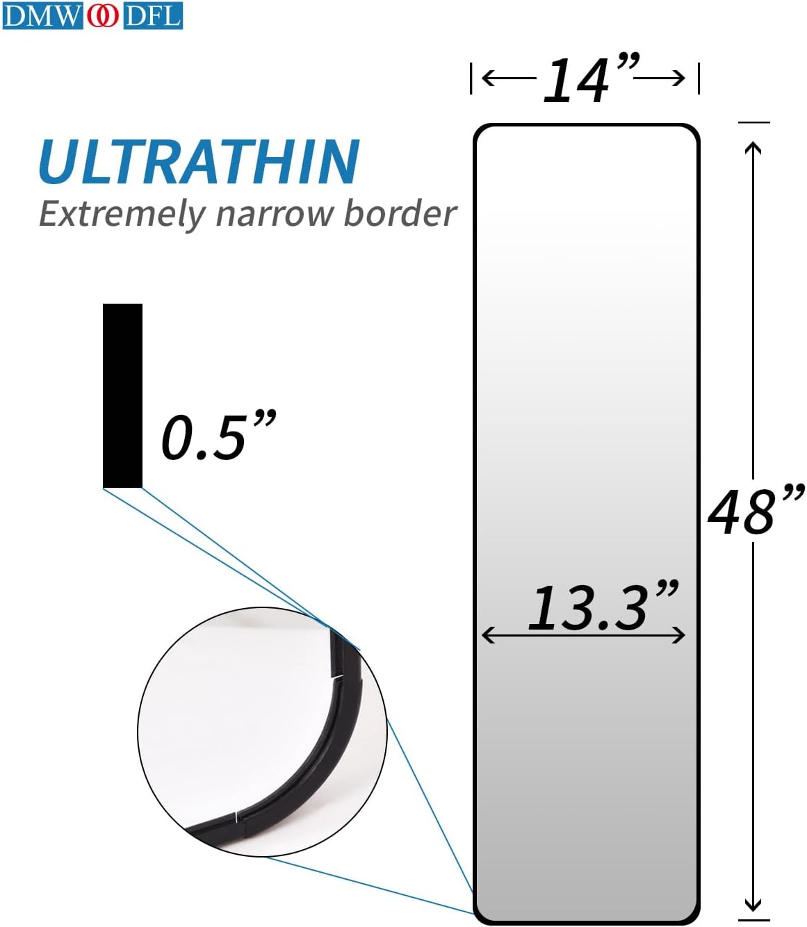 14"x48" full length over the door mirror, aluminum alloy frame full body mirror with height-adjustable hangers, hanging leaning against wall for dorm bathroom, bedroom, entryway decor(black) 14"x 48" rounded corner-black