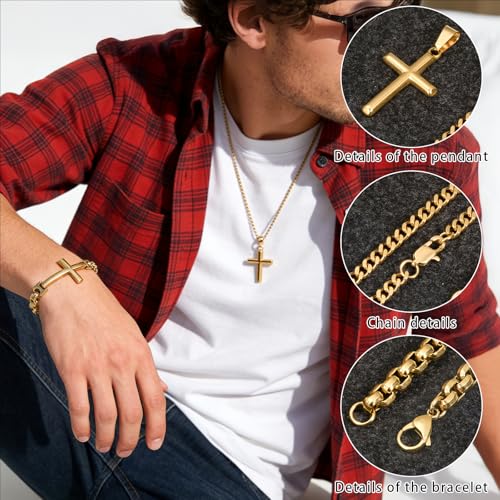 Cross Necklace and Bracelet Set for Men Women Stainless Steel Chain with Cross Pendant Beveled Edge Gold Crucifix Necklace Religion Jewelry Gifts for Him - Image 4