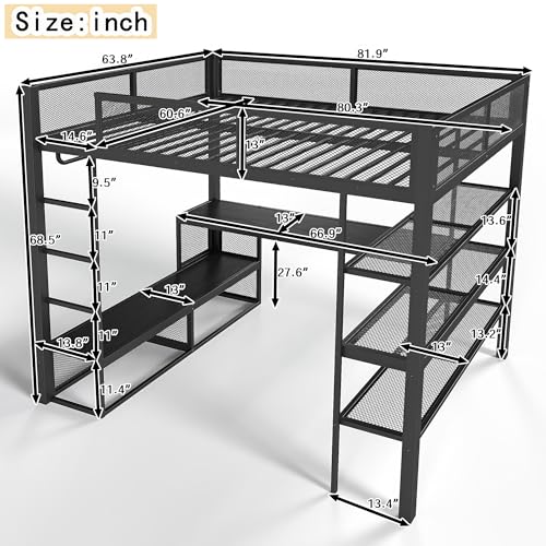Image of Bellemave Queen Size loft Bed with Desk and Storage Shelves and Hanging Rod, Metal Queen Loft Bed Frame for Adults, Kids, Teens, Black