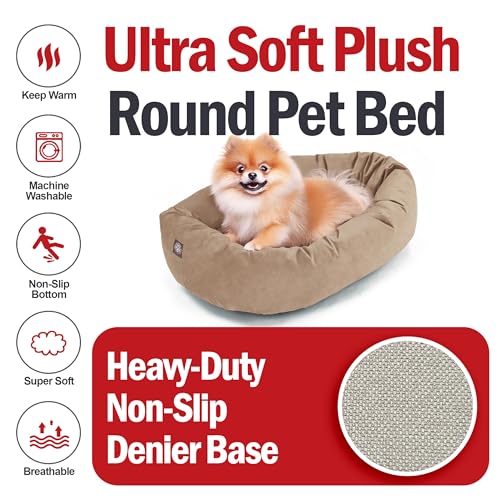 Image of Majestic Pet Suede Shredded Memory Foam Mix Calming Dog Bed Washable - Cozy Soft Round Dog Bed with Spine for Head Support - Fluffy Donut Dog Bed, 24 Inch, Stone