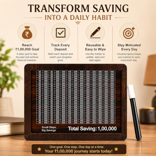 Image of PulGos Wooden Money Saving Box with Marker | 1,00,000 Goal Piggy Bank