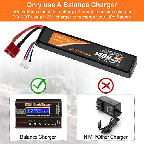 Crazepony Airsoft Battery 11.1V Rechargeable Lipo 1400Mah 30C Hobby Battery With T Plug To Mini Tamiya Cable For Airsoft Model #TOP4