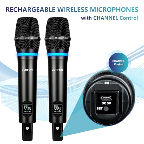 Image of 2 Channel Rechargeable Wireless Microphone System, Pro UHF Metal Handheld Wireless Microphones Cordless Mics with Mini Receiver, Channel Control for Karaoke Singing Church