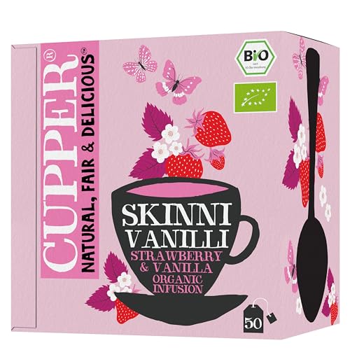 CUPPER - Caja de 50 Bolsitas de Infusiones Ecológicas de Fresa y Vainilla - Apto para Veganos - Propiedades digestivas suaves - Sin azúcares añadidos
