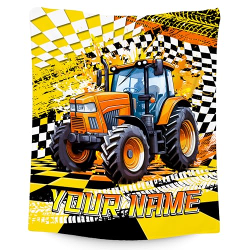 Custom Boys Blanket, Tractor Blankets for Kids Age 6-8, Personalized Car Gifts with Name, Cozy Fleece Throw for Couch & Sofa, 30"x40"