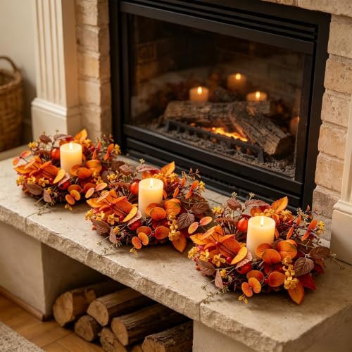 Image of 6 PCS Fall Candle Ring Wreaths Artificial Autumn Eucalyptus Candle Wreath with Leaves Berries Flowers Thanksgiving Farmhouse Harvest Wreath Candle Holder for Pillar Candles Table Centerpiece Decor