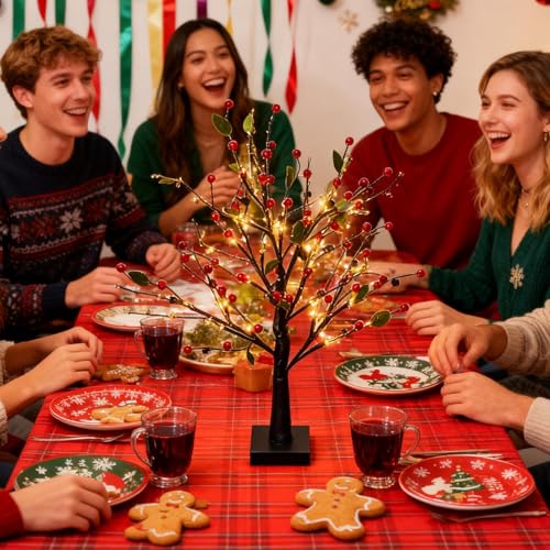 Árbol de flores de bayas rojas iluminado para decoración navideña 4