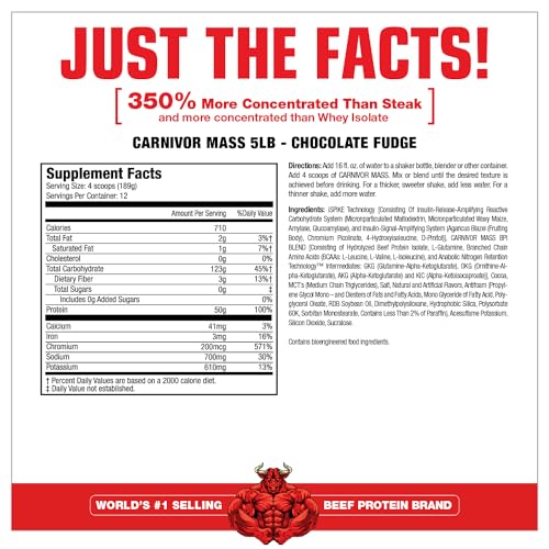 Image of MuscleMeds CARNIVOR Mass Gainer Beef Protein Isolate Shake, 50 Grams Protein, 125 Grams Carbs, 0 Fat, 0 Sugar, Lactose Free, Chocolate Fudge, 5 Pound