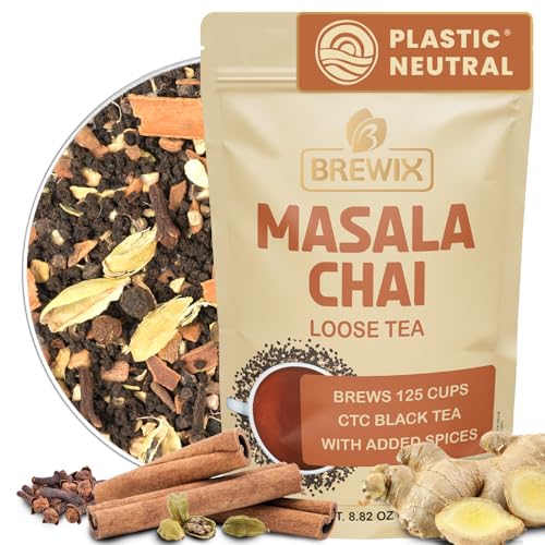 BREWIX, Masala Chai Tea Loose Leaf CTC TEA (125+ Cups, 8.82oz/250g) Strong Robust & Aromatic, All Natural | Blended with Exotic Spices | Ginger, Cinnamon, Cardamom, Clove & Black Pepper