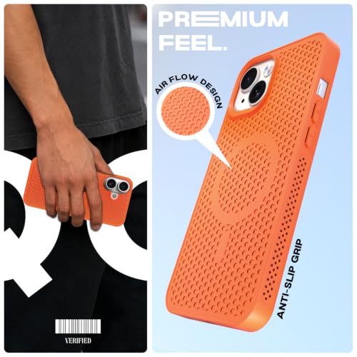 Image of Pikkme Back Cover for iPhone 15 Plus | Honeycomb Cooling Design | Silicone Heat Dissipation | Mag-Safe Compatible | Shockproof Camera Protection Bumper Case (Orange)