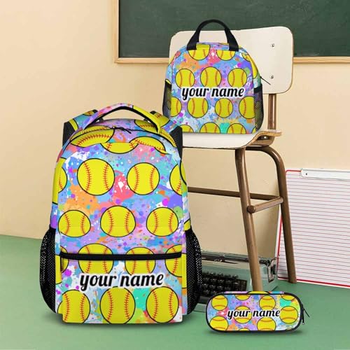 School Backpack for Girls, Softball Backpacks with Lunch Box Matching Combo for Elementary Preschool Middle School, Colorful Large Capacity Bookbag and Pencil Case Bundle for Kids Students 5