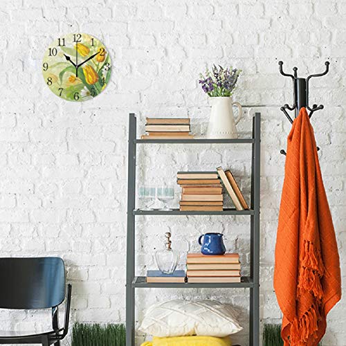 Senya Wall Clock Silent 9.5 Inch Battery Operated Non Ticking Round Decorative Acrylic Quiet Clocks For Bedroom Office School Home (Yellow Tulip) #TOP3