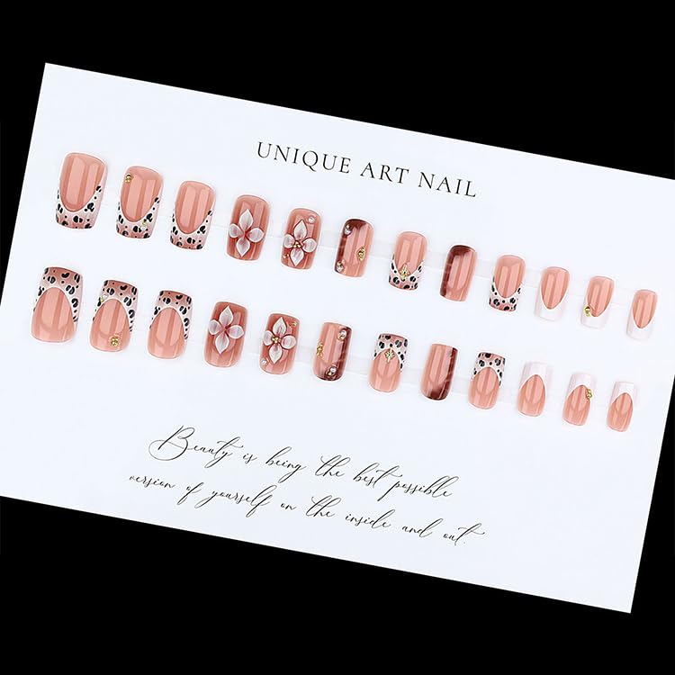 Flower Press On Nails Medium Square Fake Nails With Gold Pearl Star Designs Nude Pink False Nails Leopard Print Nail Press Ons Flower Embossment Full_voghion.com