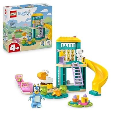 LEGO Bluey Playground Fun with Bluey and Chloe - Toy for 4+ Year Old Girls & Boys - incl. 2 Minifigures  a Functional Pink See-Saw  Slide  Climbing Frame & 3 Plants - Gift for TV Show Fans - 11201