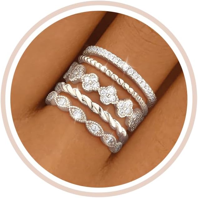 Gold Silver Stackable Rings for Women Non Tarnish Cubic Zirconia Band Ring | 14K Gold Plated,Stacking Chunky Eternity Rings,Dainty Engagement Promise Thumb Rings,Wedding Ring Set,Jewelry Size 6 7 8 9 10