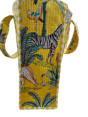 Image of Cotton Tiger Block Print Tote Bag, Indian Handmade Shopping Shoulder Bag, Unisex Market Daily Use