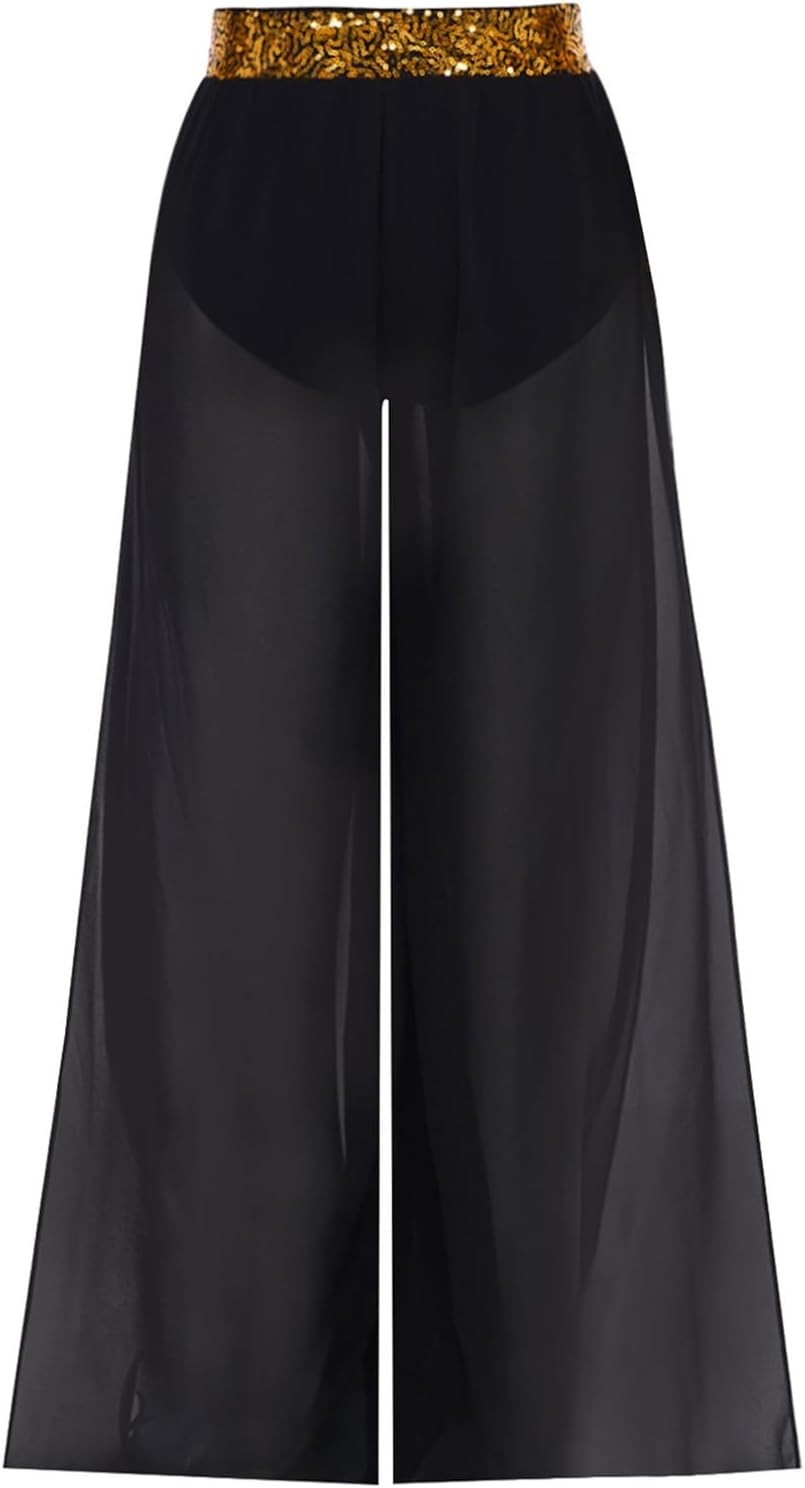YiZYiF Girl's Wide-Leg Bottoms Chiffon Ballroom Dancing Trousers for Stage Performance Side Slit Lyrical Dance Pants