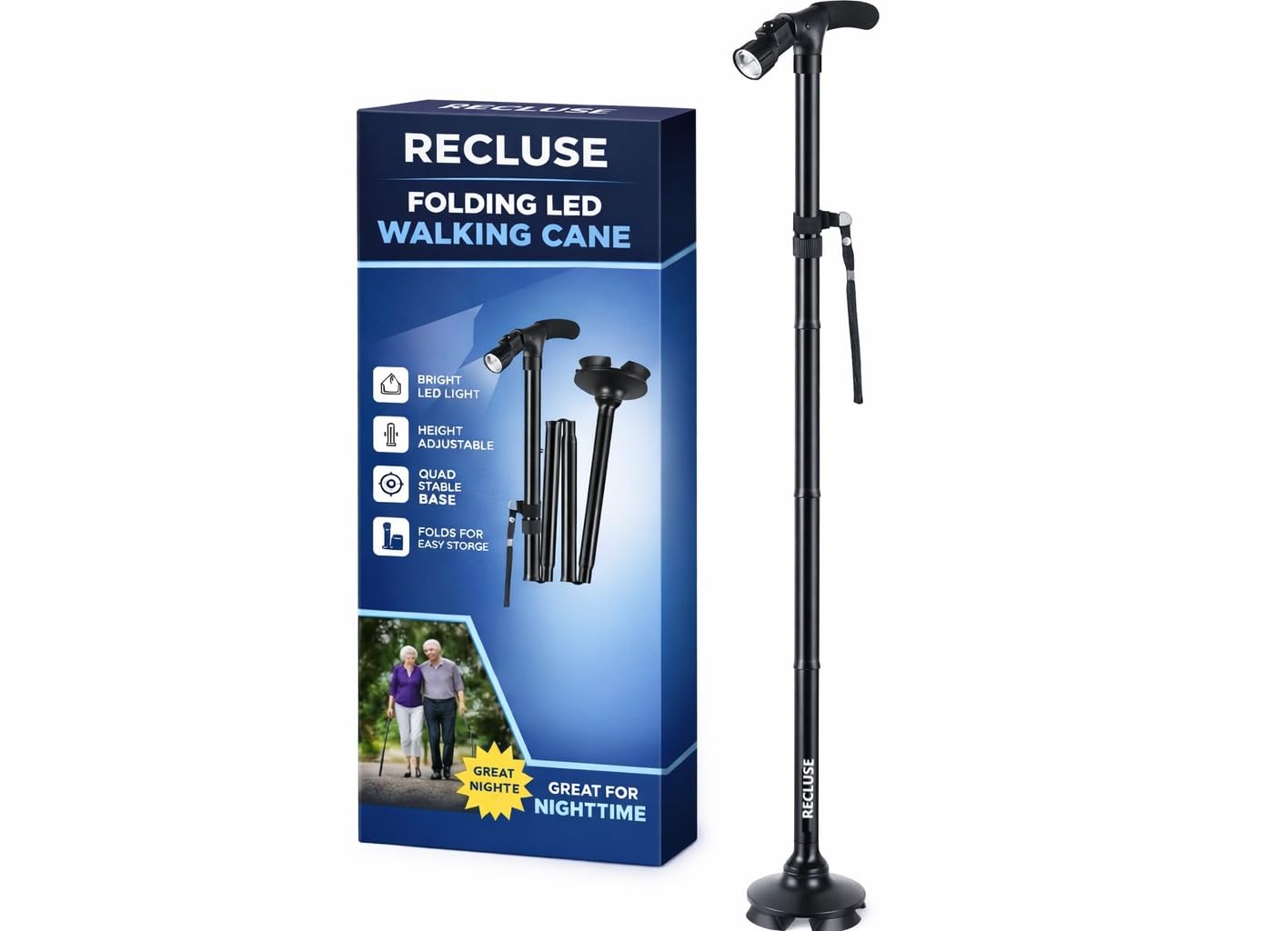 recluse folding cane with led light - height adjustable, anti-skid, lightweight portable walking stick with led light for senior citizens, elderly, patients & handicapped and hiking camping