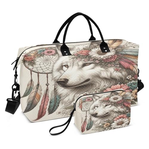 Wolf Travel Duffle Bag Gym Bag, Flower Dreamcatcher Wolf Weekender Bags for Women with Toiletry Bag Travel Tote Bag Swim Bag