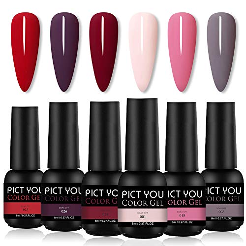 PICT YOU Gel Nail Polish Red Colors, 6 Colors 8ml Gel UV Nail Polish Colors Popular Nail Art Design Soak Off UV/LED Lamp Nail Polish Gel Manicure Kit