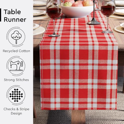 Image of Encasa XO Cotton Table Runner for 4 to 6 Seater | Size 13x72 in | Franca Red Checks - Machine Washable & Durable