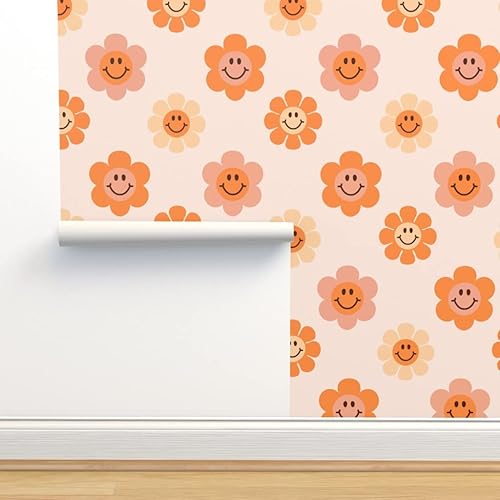Spoonflower Papel tapiz autoadhesivo de 12 x 2 pies, diseño floral, bohemio, lindo, hippie, retro, melocotón, para niñas, Groovy, papel tapiz