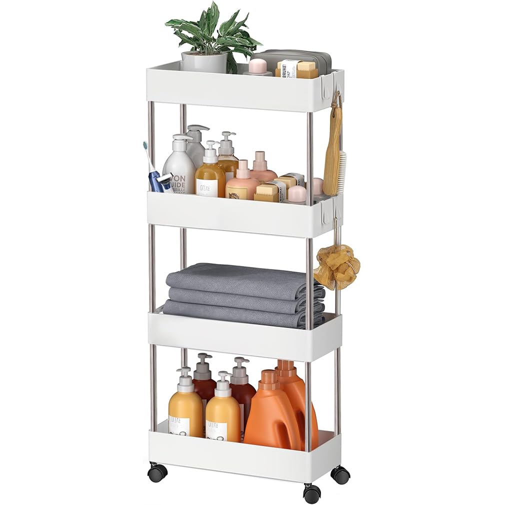 ruitao Slim Storage Trolley on Wheels Kitchen Trolleys Metal 4-Tier Trolley for Book Beauty Craft Trolleys Rolling Utility Storage Cart for Room Bathroom Office, Plastic & Stainless Steel