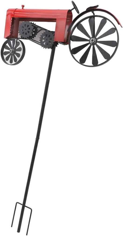 27" Red Metal Tractor Kinetic Wind Spinner - Vintage Farmhouse Garden Stake - Rustic Yard Art Decor for Outdoor Lawn, Flower Bed & Patio - Weather-Resistant Windmill for Farm Lovers