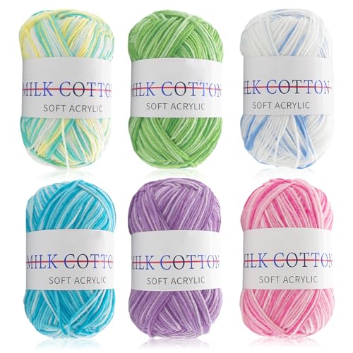 JOWILIN 6 Rolls 50g Yarn Skeins Assorted Colors Soft Crochet Yarn Starter Crochet Kit Yarn Bulk Milk Cotton Yarn for Crocheting & Knitting Craft Project for Kids and Adults