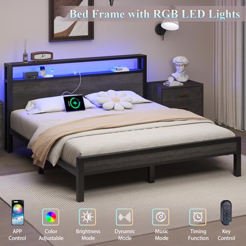 Image of LOEWAY Full Size Bed Frame with Storage Headboard, Industrial Platform Bed with Charging Station and LED Lights, Heavy Duty Metal Slats, No Box Spring Need, Noise Free, Grey