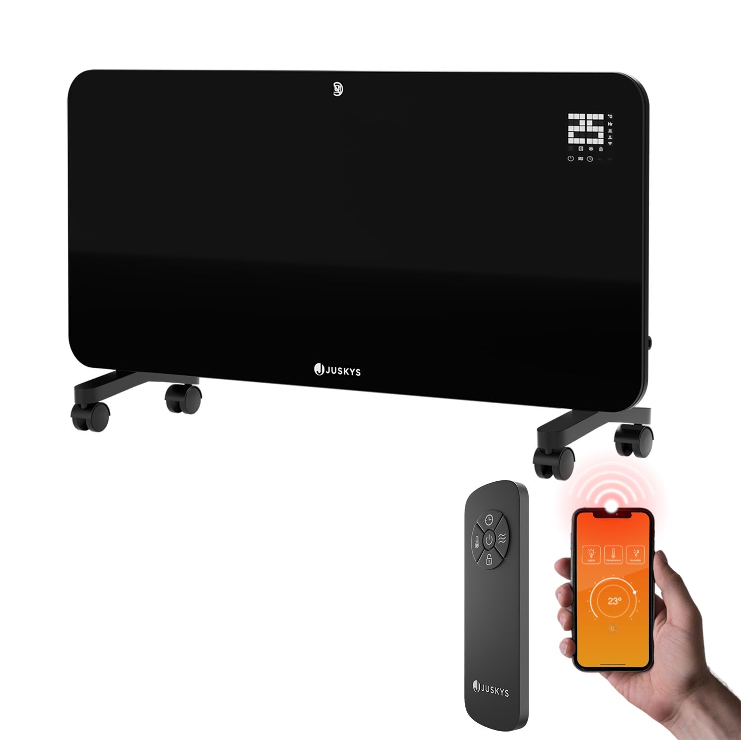 Juskys Glasheizung 2000W Glaskonvektor, Elektroheizung, App-Steuerung, LED-Display, Timer, Wand- & Standgerät mit Fernbedienung